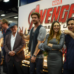 From left – Aaron Taylor-Johnson (Quiksilver), Paul Bettany (Vision), James Spader (Ultron), Chris Hemsworth (Thor), Elizabeth Olsen (Scarlet Witch), Mark Ruffalo (Bruce Banner)