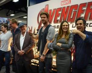 From left – Aaron Taylor-Johnson (Quiksilver), Paul Bettany (Vision), James Spader (Ultron), Chris Hemsworth (Thor), Elizabeth Olsen (Scarlet Witch), Mark Ruffalo (Bruce Banner)